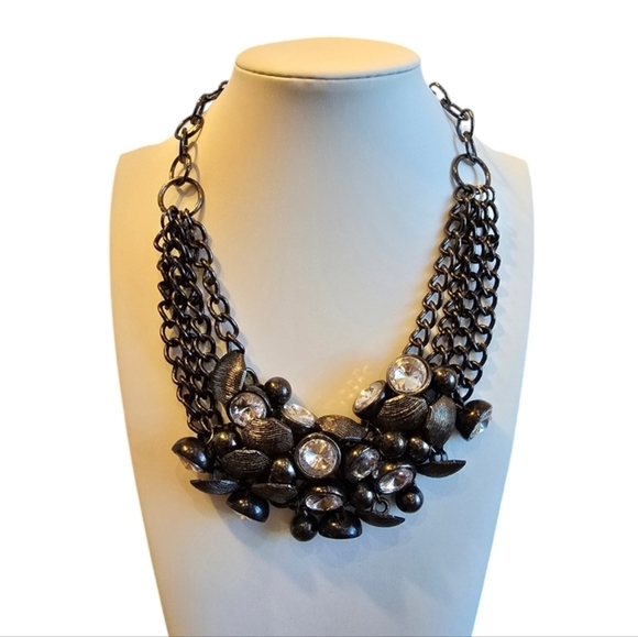 Bronze Gold Multistrand Chain Link Rhinestone Button Cluster Bib Necklace - Picture 1 of 5